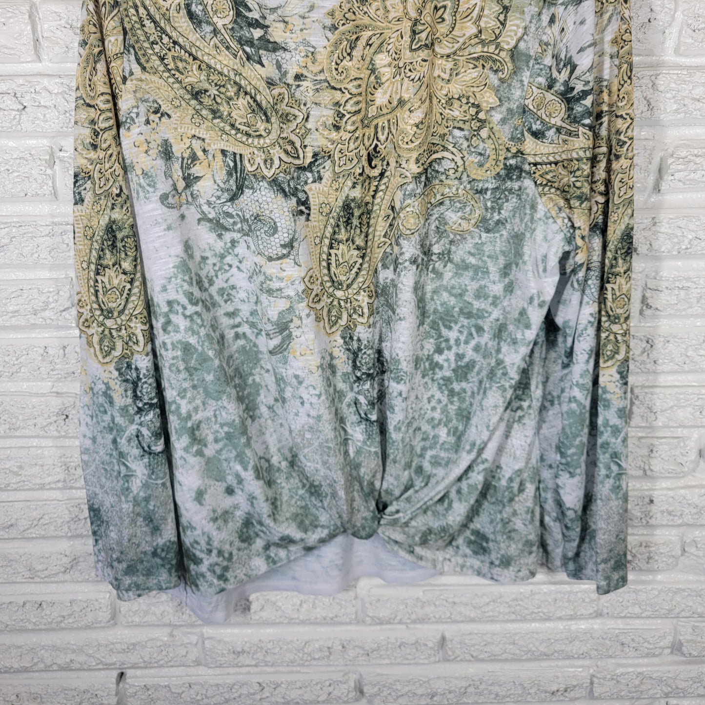 Time & Tru Women's XXXL 22 Tee Green Paisley Rhinestone Long Sleeve Plus PAI6E