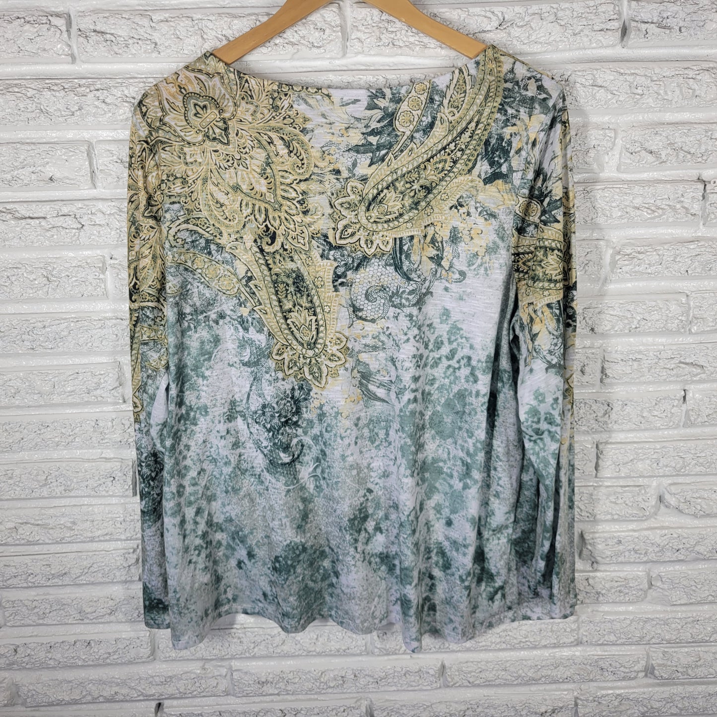 Time & Tru Women's XXXL 22 Tee Green Paisley Rhinestone Long Sleeve Plus PAI6E