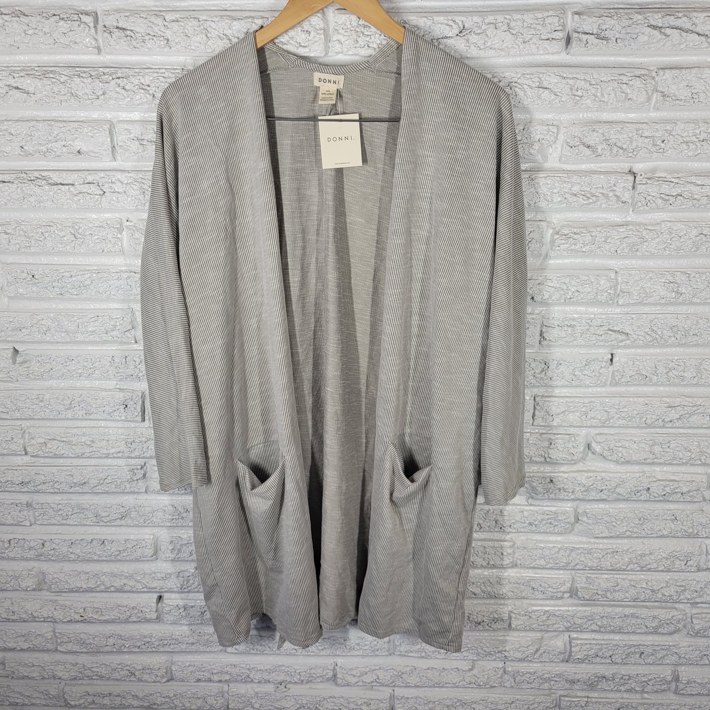 Donni Womens One Size Gray Striped Open Cardigan 3/4 Sleeve Cotton Blend STR178E