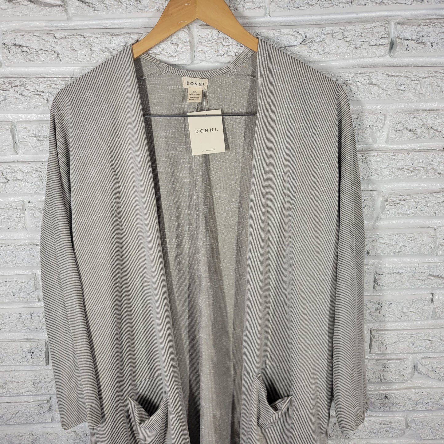 Donni Womens One Size Gray Striped Open Cardigan 3/4 Sleeve Cotton Blend STR178E