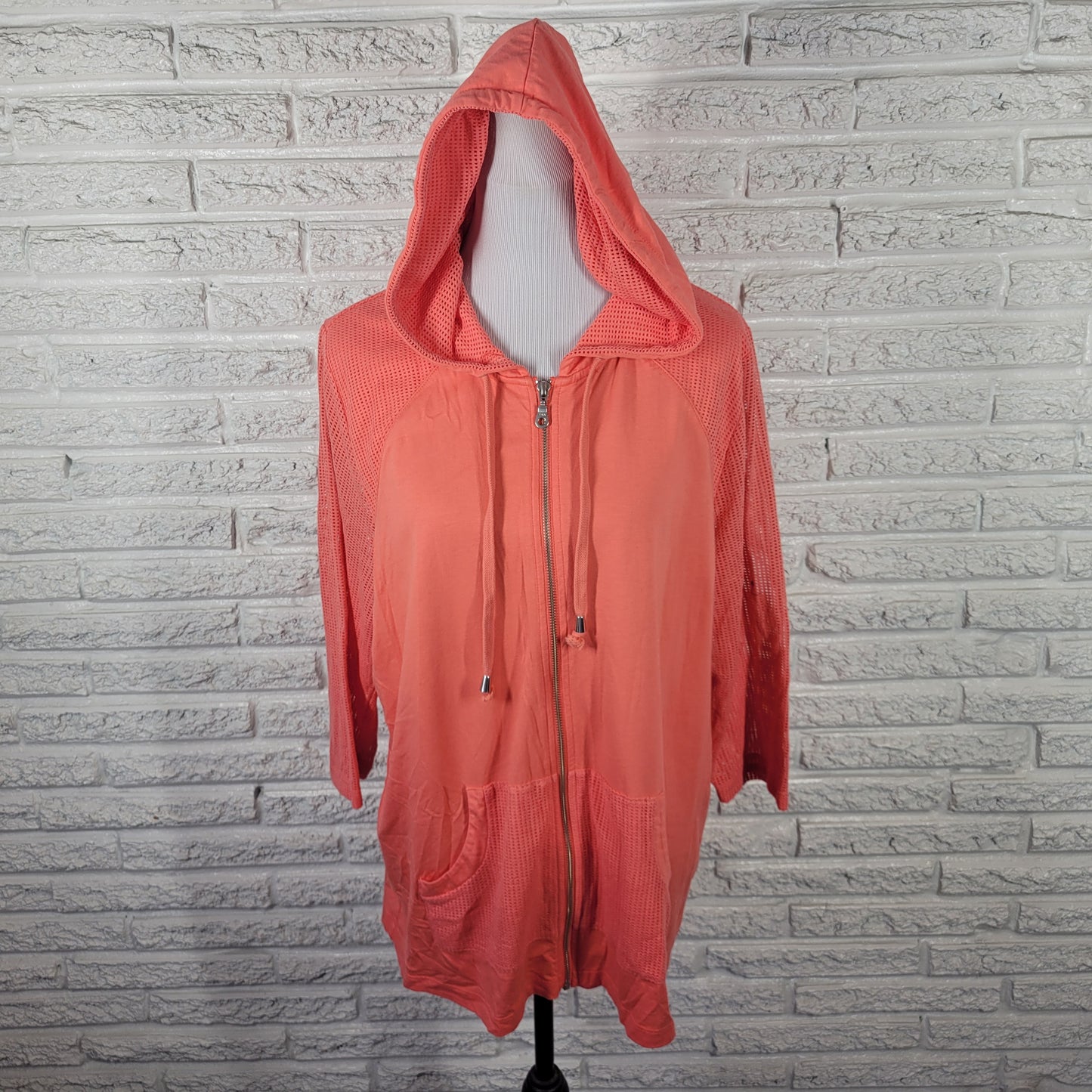 CJ Banks 1X Plus Size Pink Swim Coverup Jacket Hoodie Mesh Sleeve PIN16E