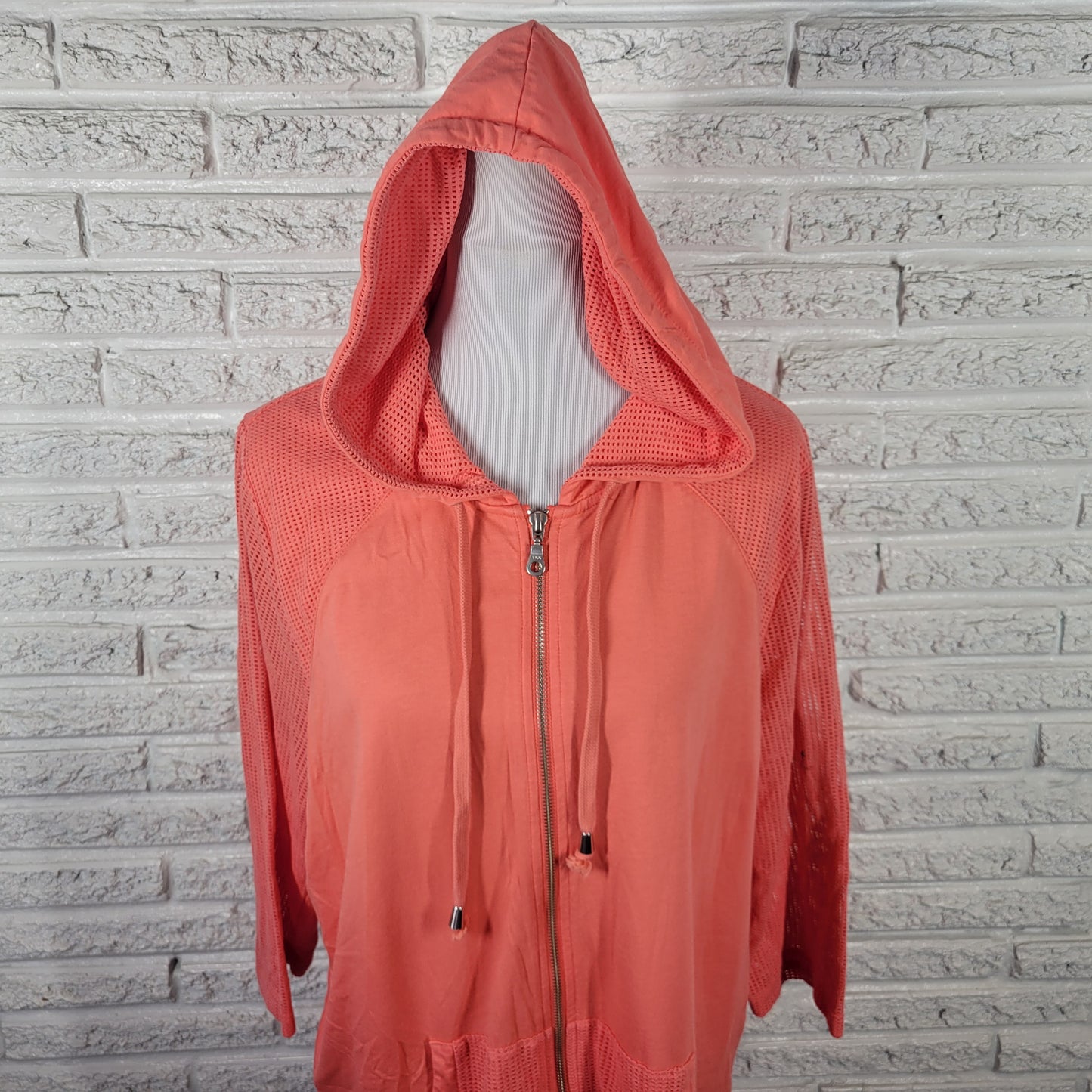 CJ Banks 1X Plus Size Pink Swim Coverup Jacket Hoodie Mesh Sleeve PIN16E