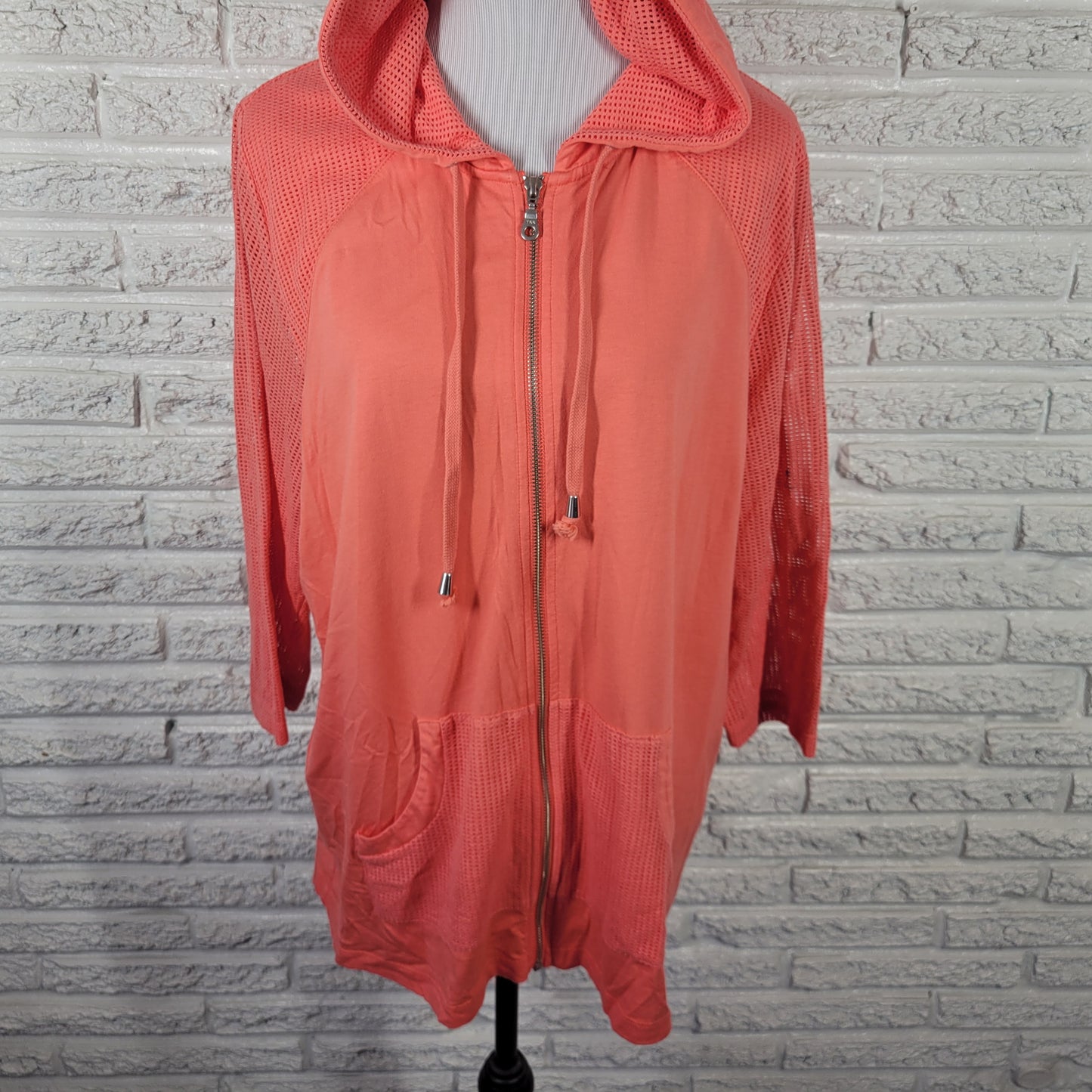 CJ Banks 1X Plus Size Pink Swim Coverup Jacket Hoodie Mesh Sleeve PIN16E