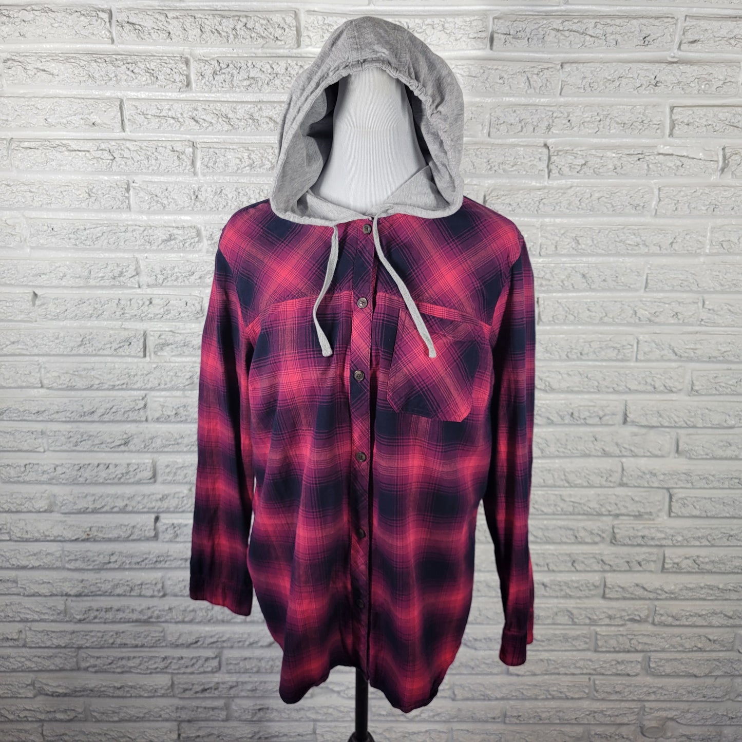 Eddie Bauer Women's XL Red Plaid Hoodie 100% Cotton Button Up Lightweight PLA20E