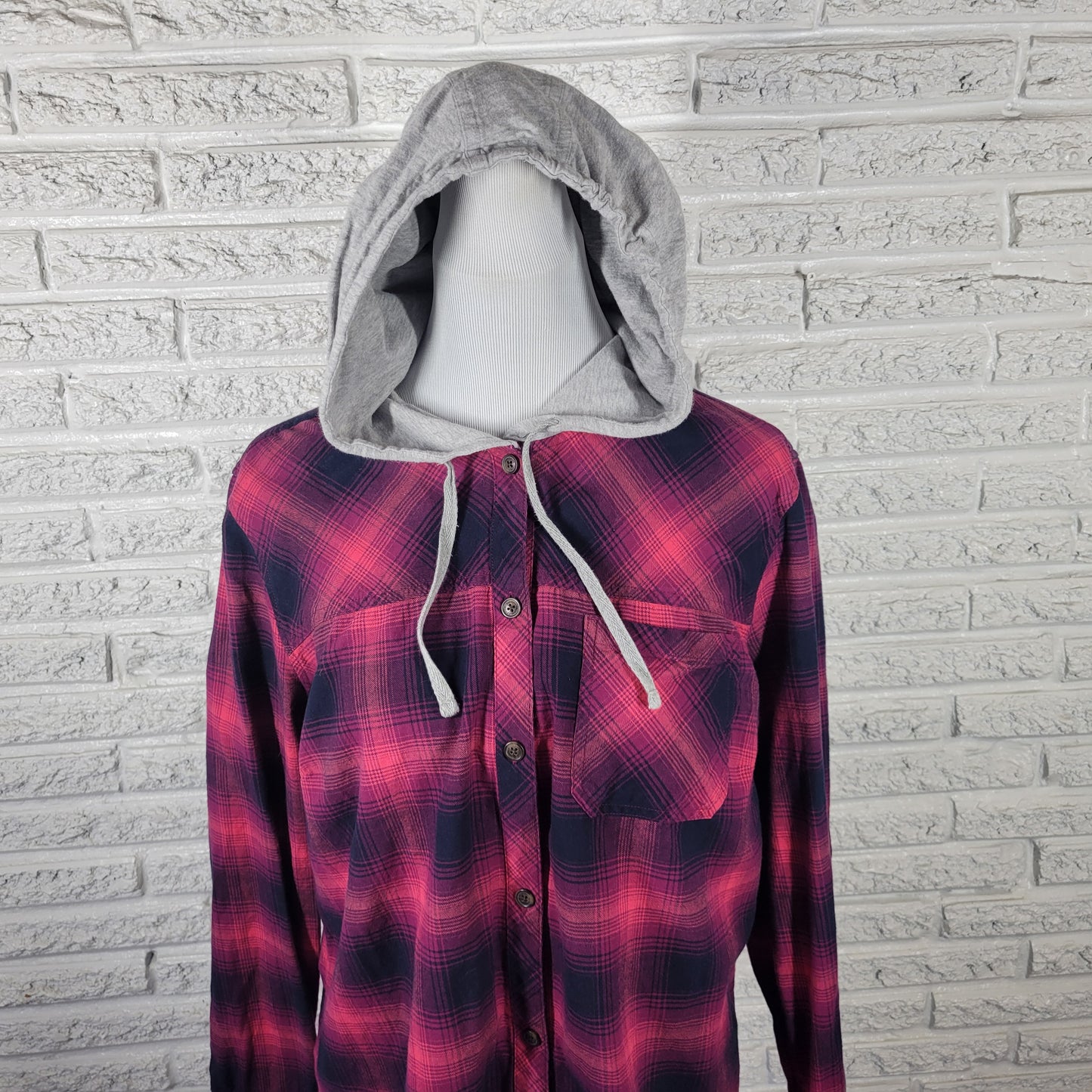 Eddie Bauer Women's XL Red Plaid Hoodie 100% Cotton Button Up Lightweight PLA20E