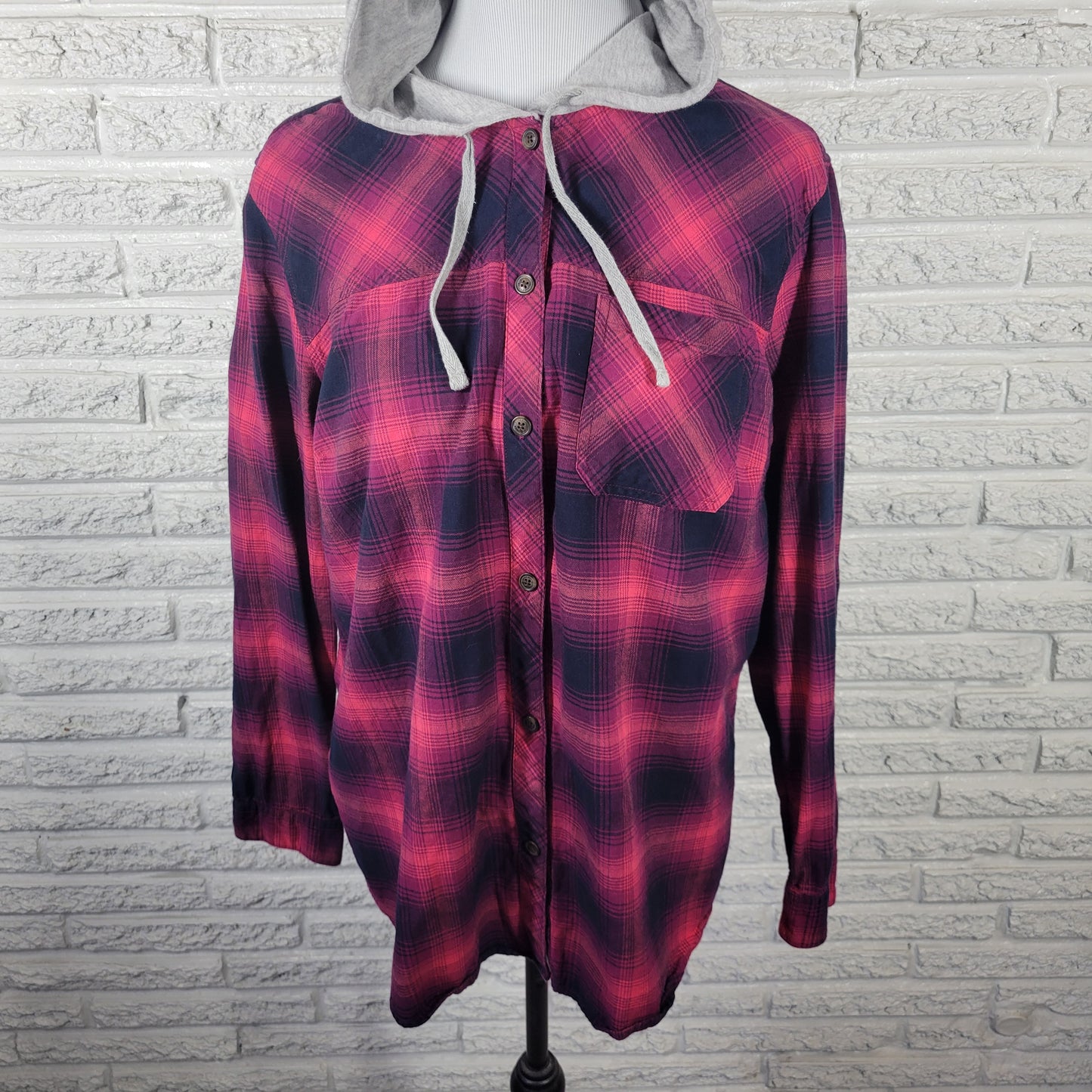 Eddie Bauer Women's XL Red Plaid Hoodie 100% Cotton Button Up Lightweight PLA20E