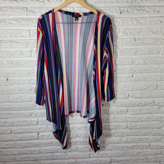 Rouge Women's 2X Open Cardigan Top Red Blue Striped Front Tie 3/4 Sleeve STR128E