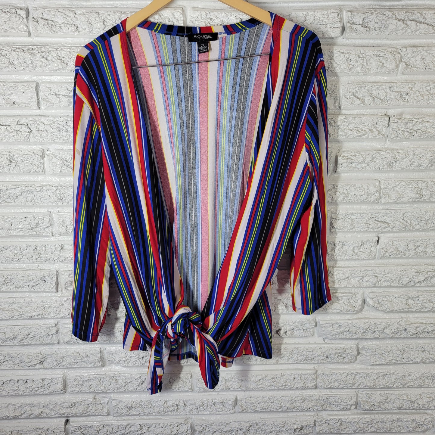 Rouge Women's 2X Open Cardigan Top Red Blue Striped Front Tie 3/4 Sleeve STR128E