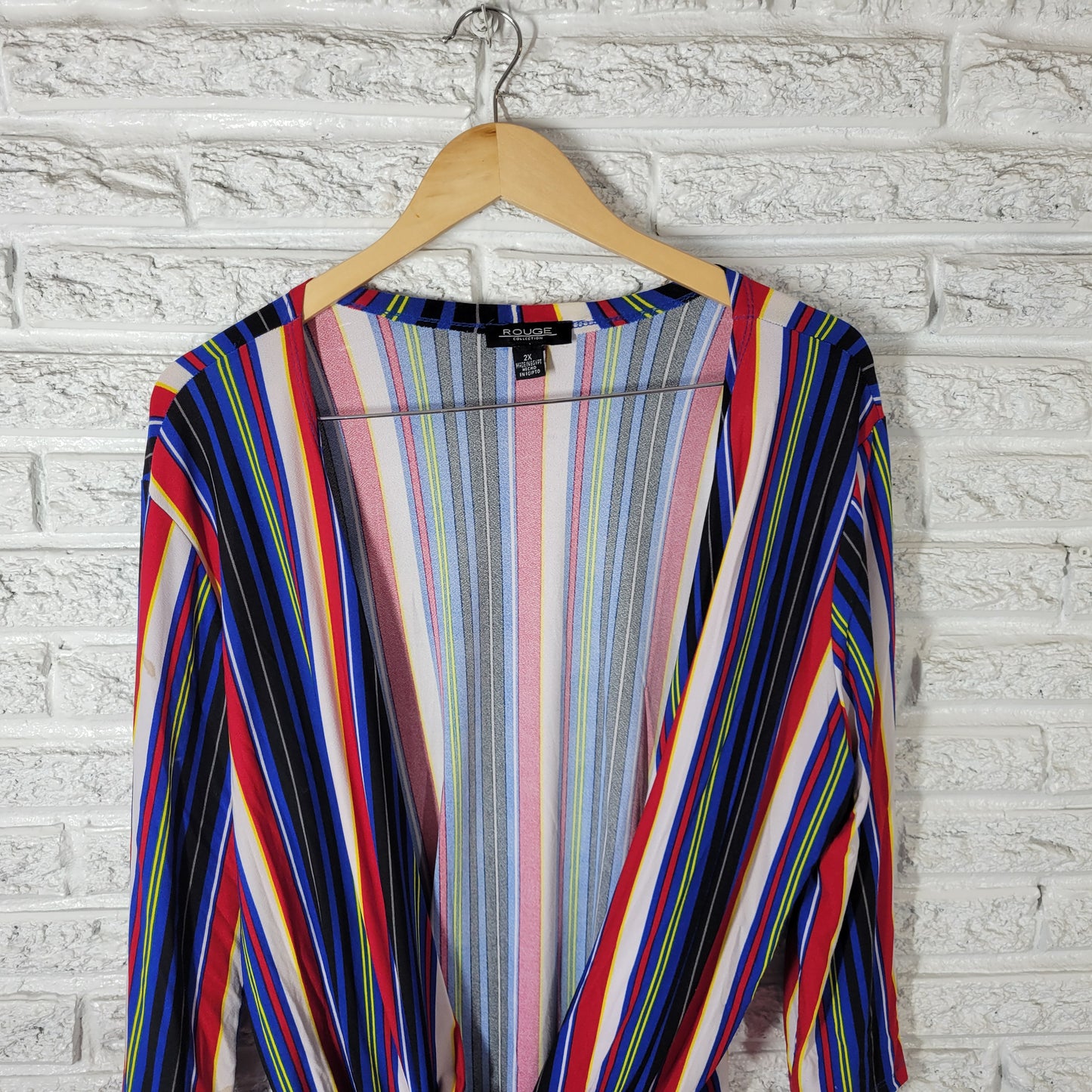 Rouge Women's 2X Open Cardigan Top Red Blue Striped Front Tie 3/4 Sleeve STR128E