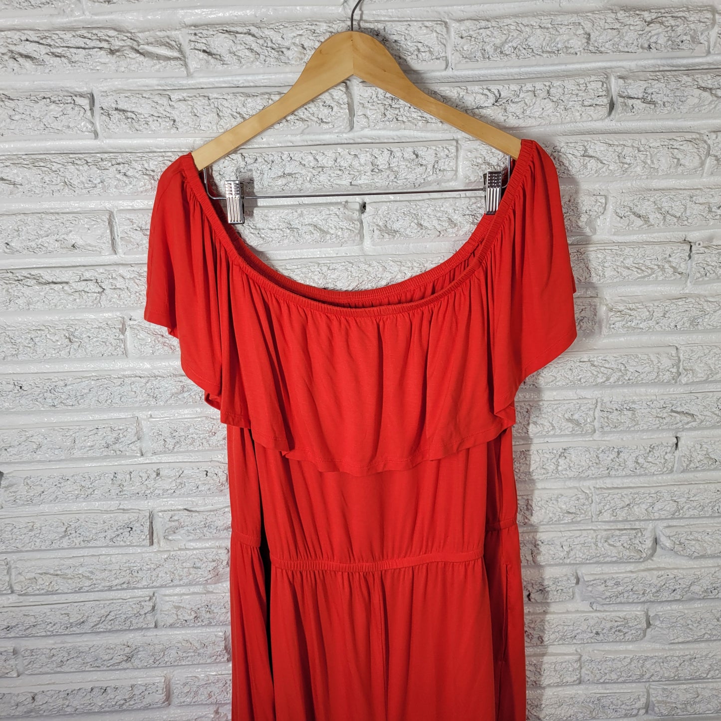 Lane Bryant Womens 22/24 Romper Red Off-Shoulder Ruffle Wide Leg Pockets RED70E
