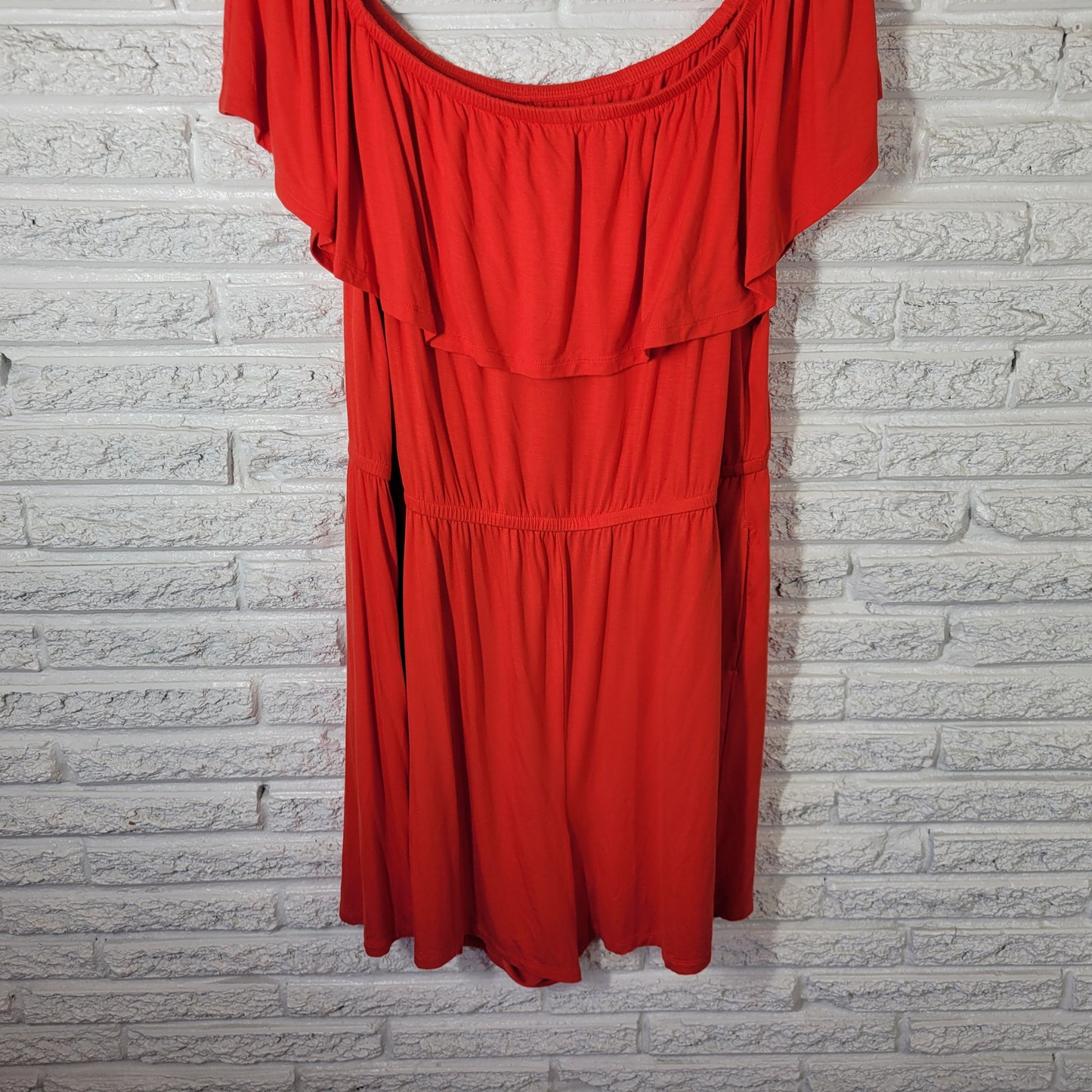 Lane Bryant Womens 22/24 Romper Red Off-Shoulder Ruffle Wide Leg Pockets RED70E