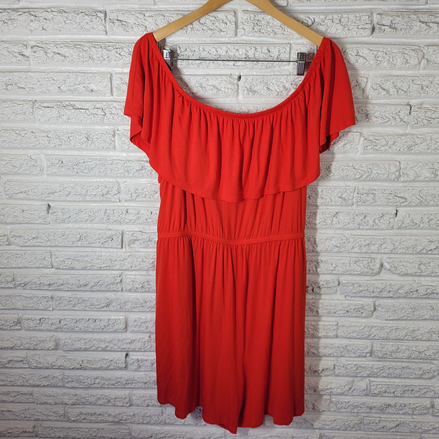 Lane Bryant Womens 22/24 Romper Red Off-Shoulder Ruffle Wide Leg Pockets RED70E