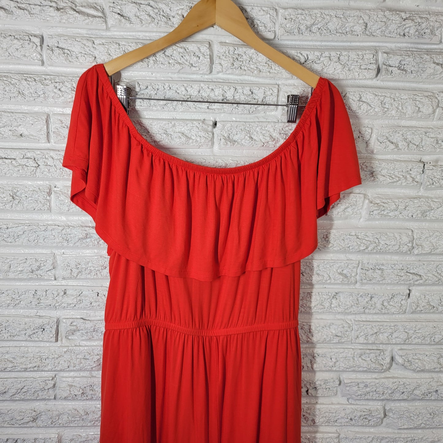 Lane Bryant Womens 22/24 Romper Red Off-Shoulder Ruffle Wide Leg Pockets RED70E