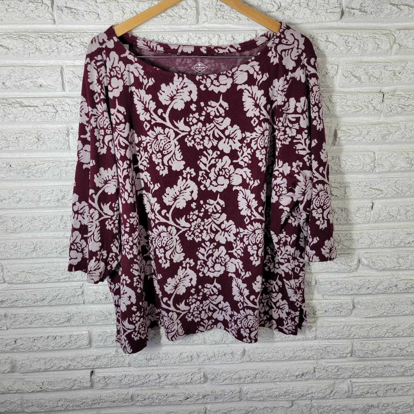 St. John's Bay Women's 3X Top Burgundy Floral 3/4 Sleeve Blouse Cotton FLO176XE