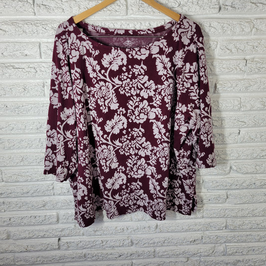 St. John's Bay Women's 3X Top Burgundy Floral 3/4 Sleeve Blouse Cotton FLO176XE