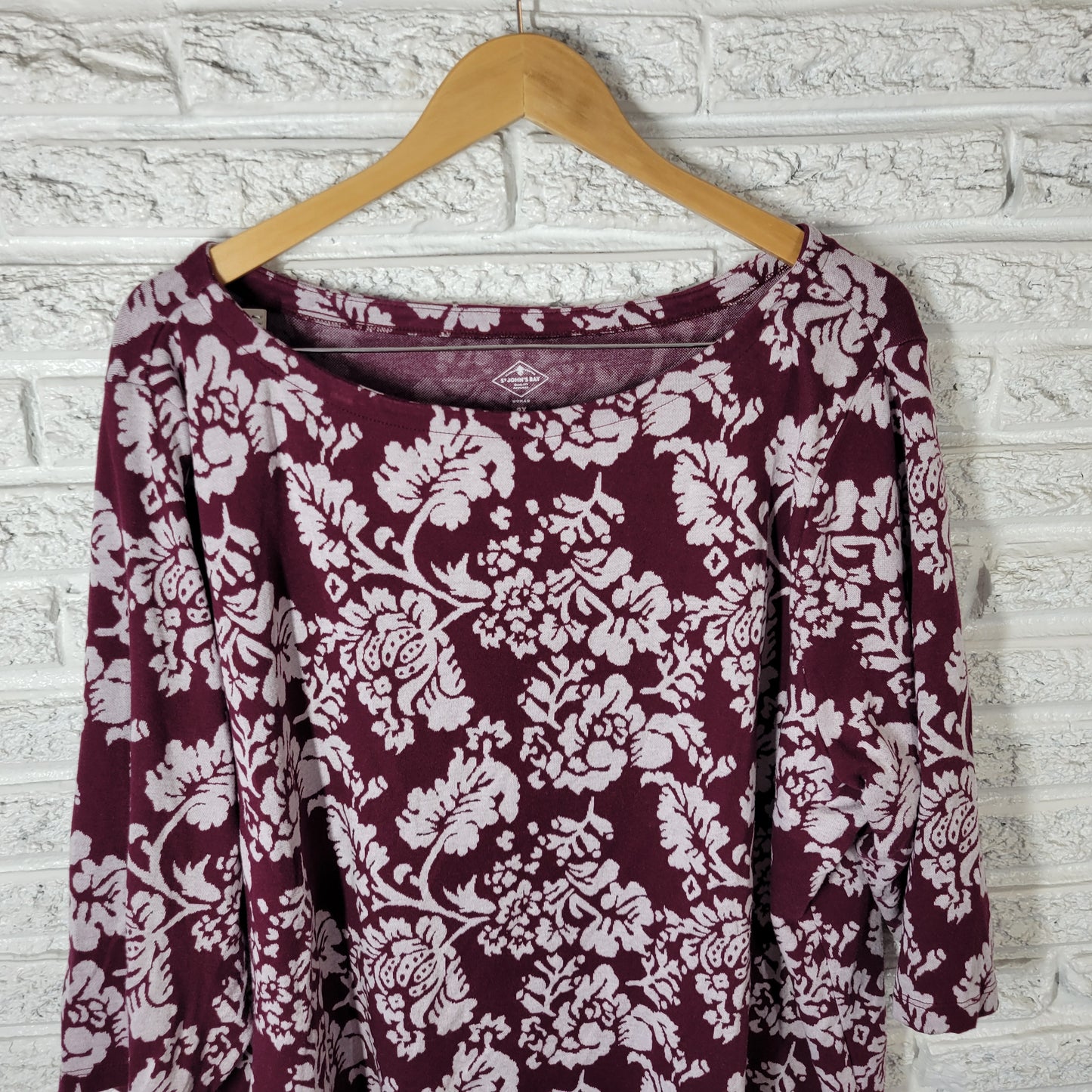 St. John's Bay Women's 3X Top Burgundy Floral 3/4 Sleeve Blouse Cotton FLO176XE