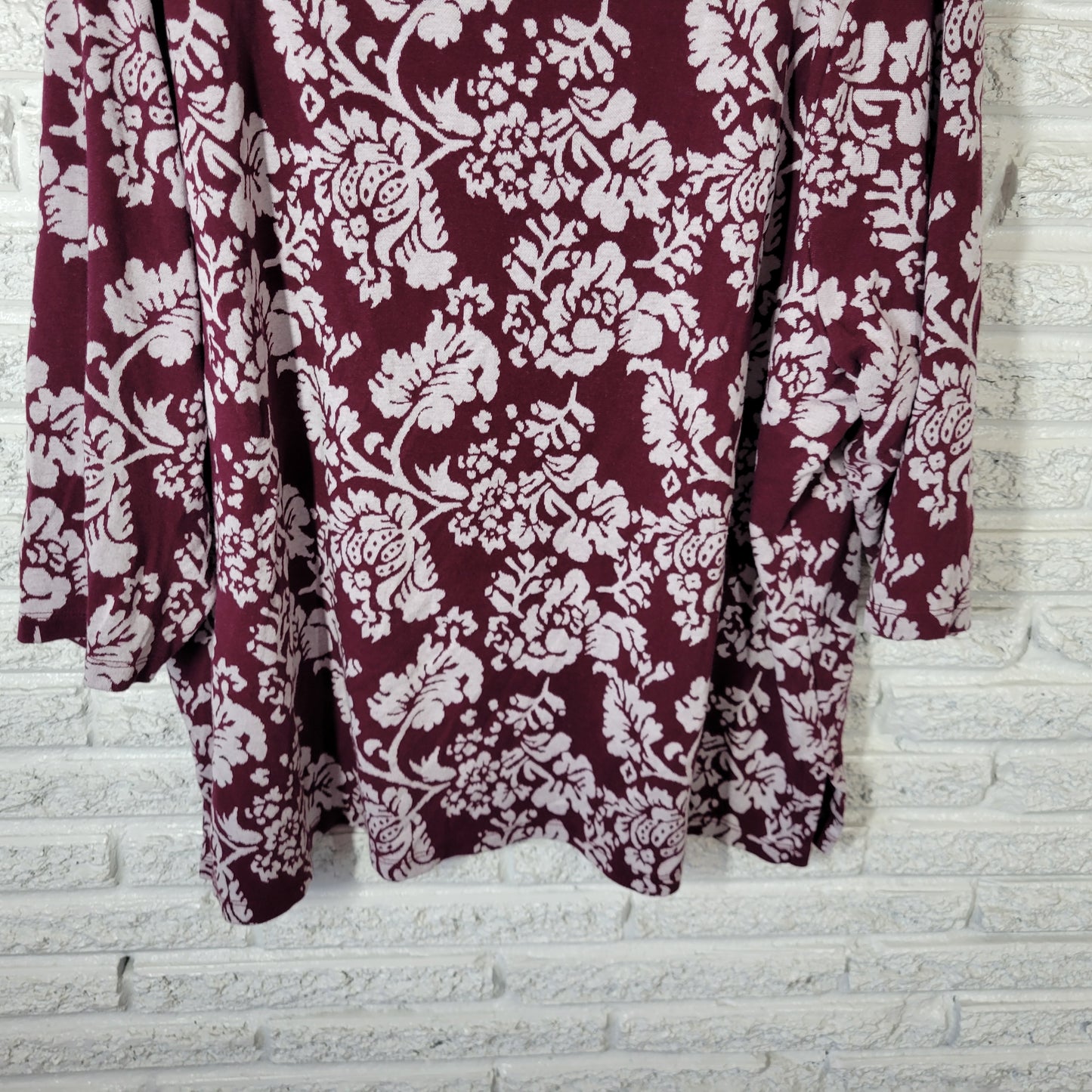 St. John's Bay Women's 3X Top Burgundy Floral 3/4 Sleeve Blouse Cotton FLO176XE
