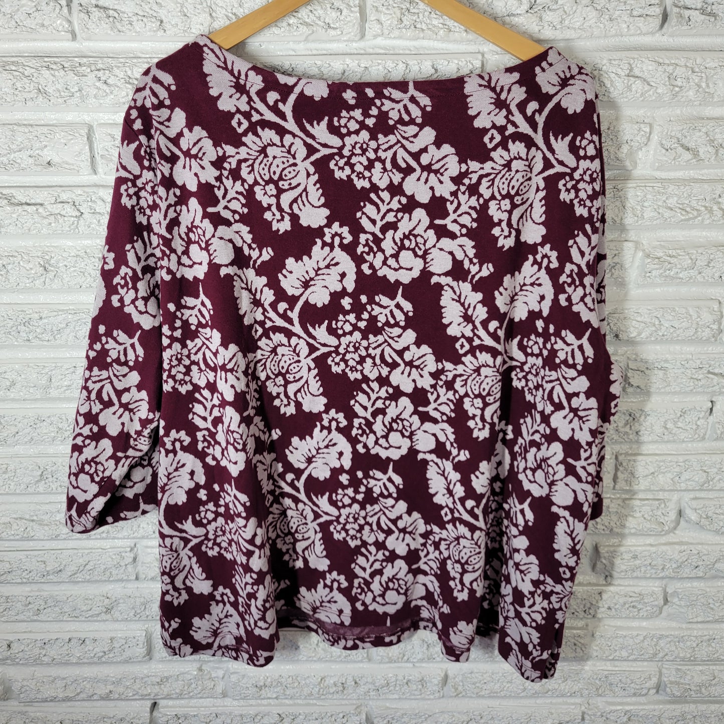 St. John's Bay Women's 3X Top Burgundy Floral 3/4 Sleeve Blouse Cotton FLO176XE