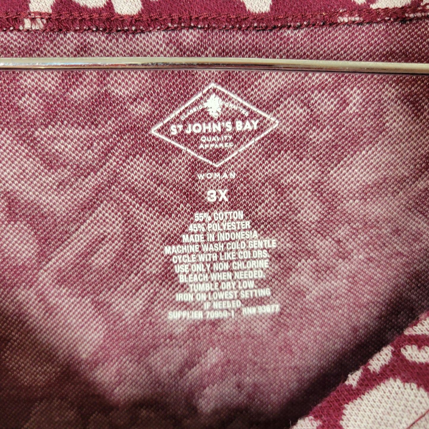 St. John's Bay Women's 3X Top Burgundy Floral 3/4 Sleeve Blouse Cotton FLO176XE