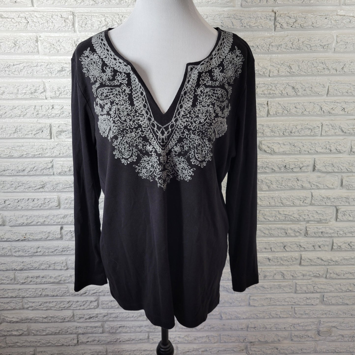 Soft Surroundings Women's 2X Top Black Paisley V-Neck Long Sleeve Cotton BLA101E