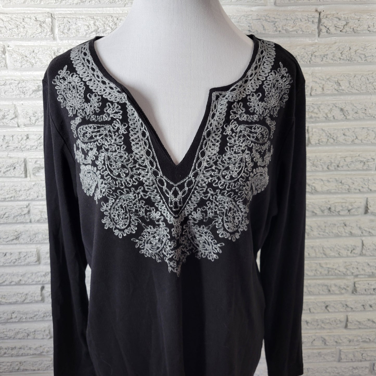 Soft Surroundings Women's 2X Top Black Paisley V-Neck Long Sleeve Cotton BLA101E