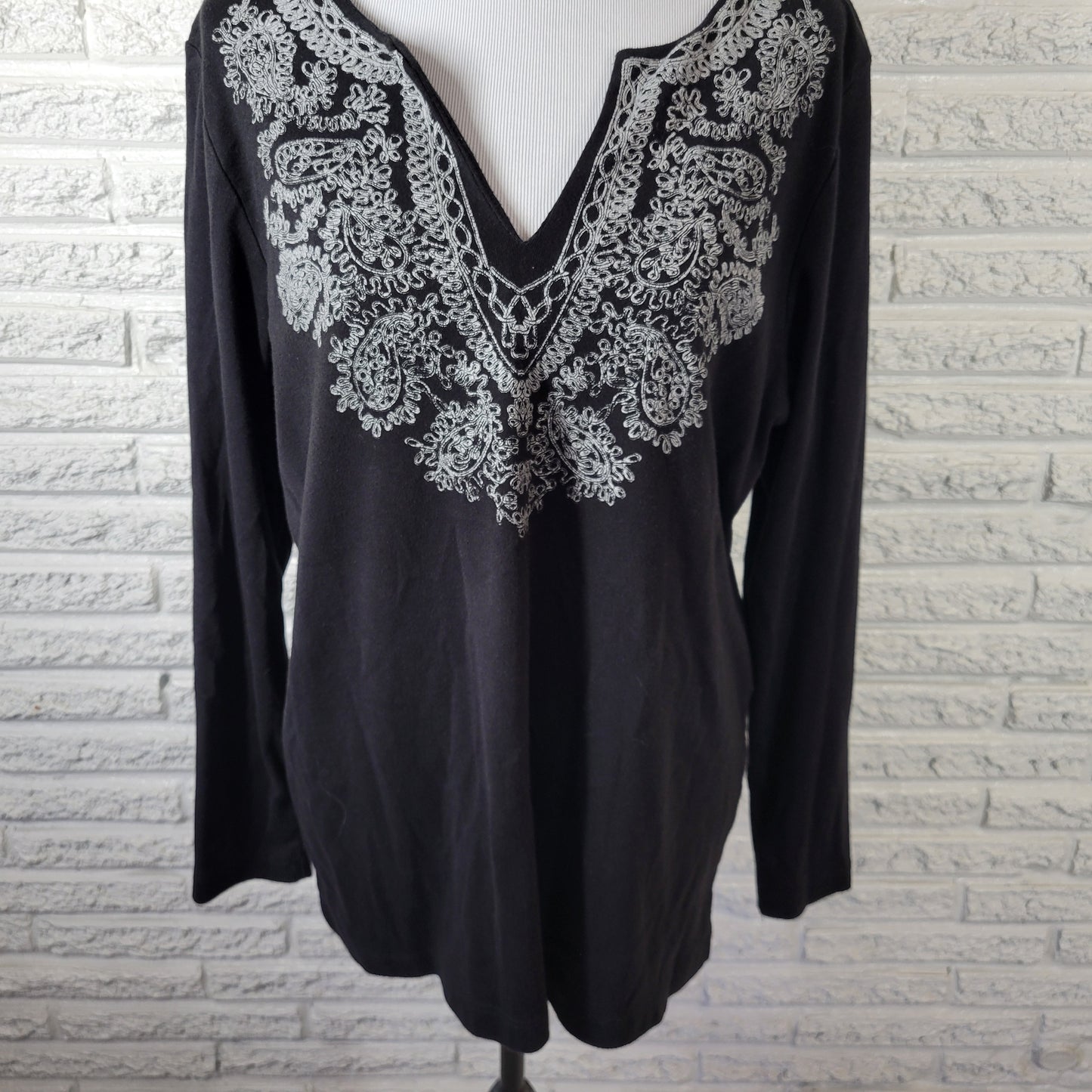 Soft Surroundings Women's 2X Top Black Paisley V-Neck Long Sleeve Cotton BLA101E