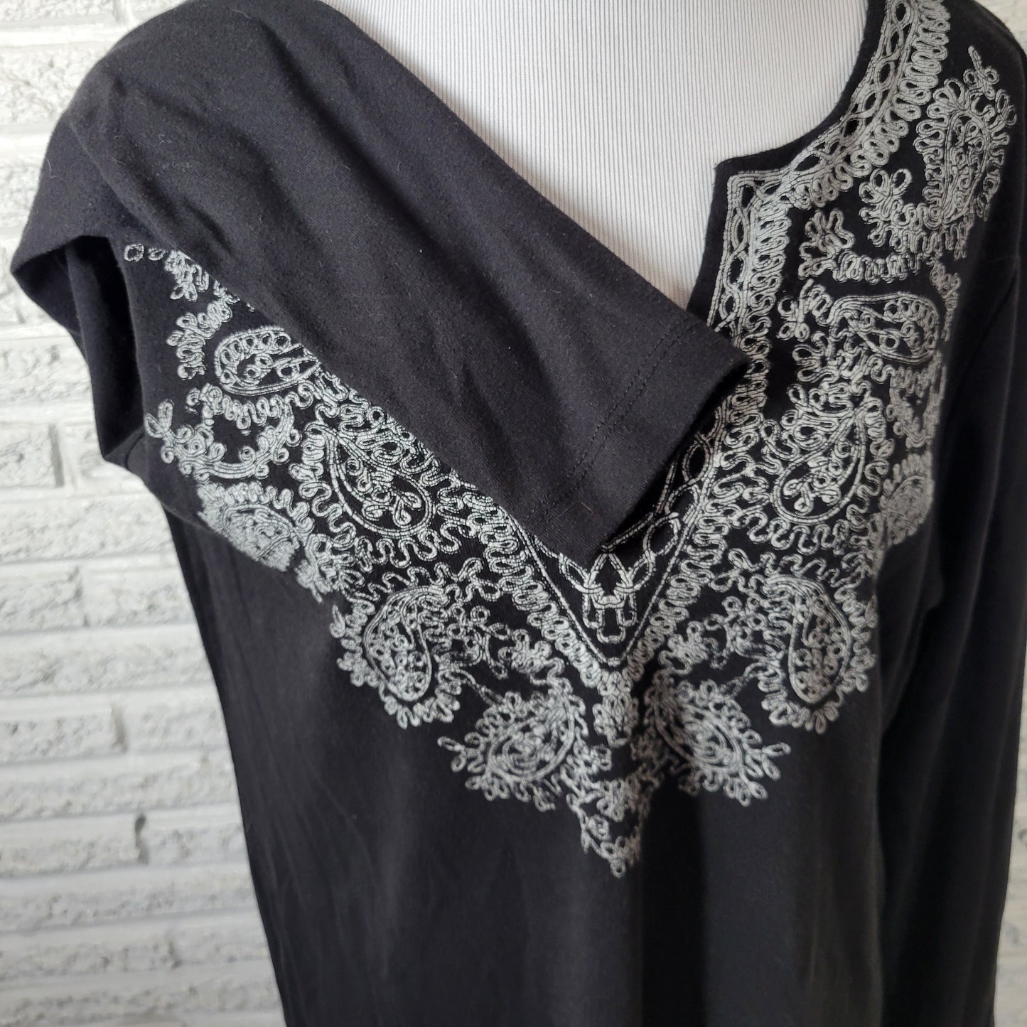 Soft Surroundings Women's 2X Top Black Paisley V-Neck Long Sleeve Cotton BLA101E