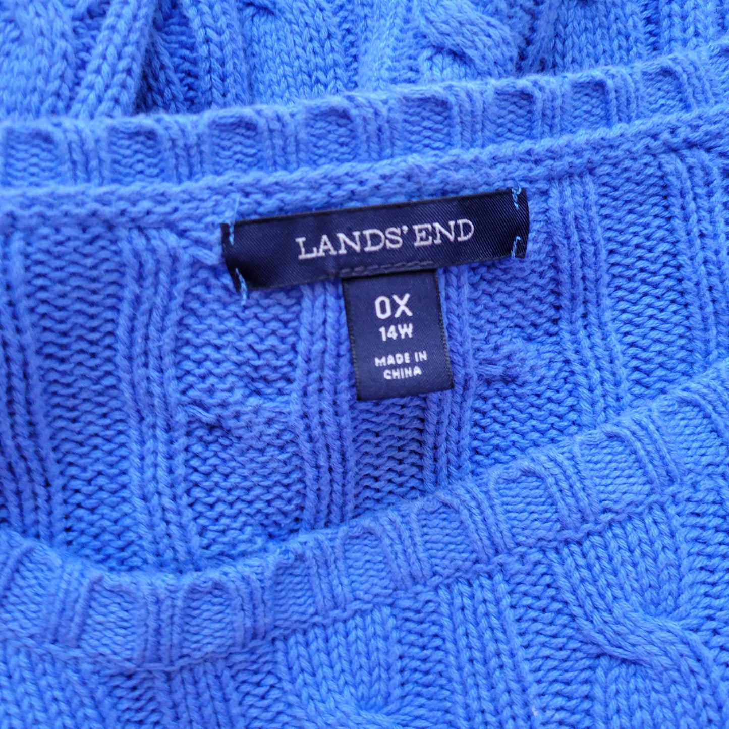 Lands' End Women's 0X 14W Blue Cable Knit Sweater 100% Cotton Pullover SWE104E