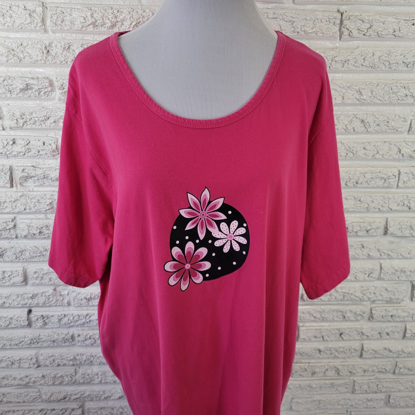 Dreams Co Women's 1X Pink Floral Tunic T-Shirt 100% Cotton Short Sleeve PIN57E