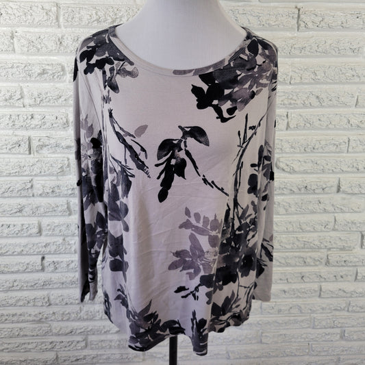 St John's Bay Women's 2X Gray Black Floral Cotton Long Sleeve T Shirt FLO250E