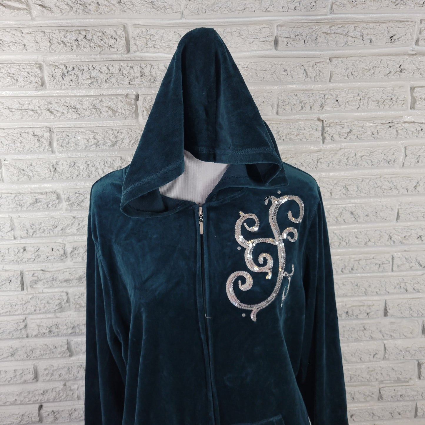 Just My Size Women's 2X Plus Green Sequin Velour Hoodie Zip Up Jacket SWE187E