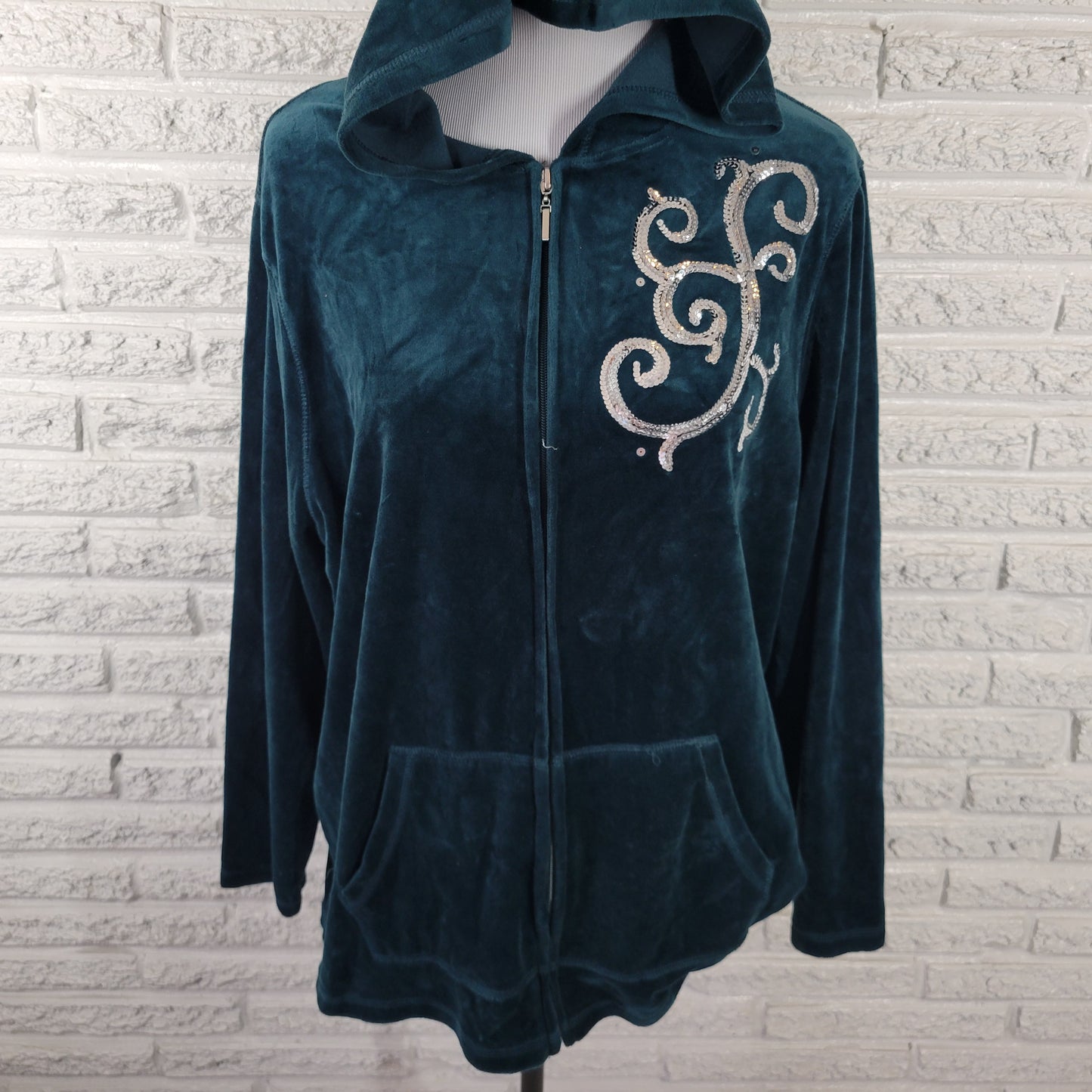 Just My Size Women's 2X Plus Green Sequin Velour Hoodie Zip Up Jacket SWE187E
