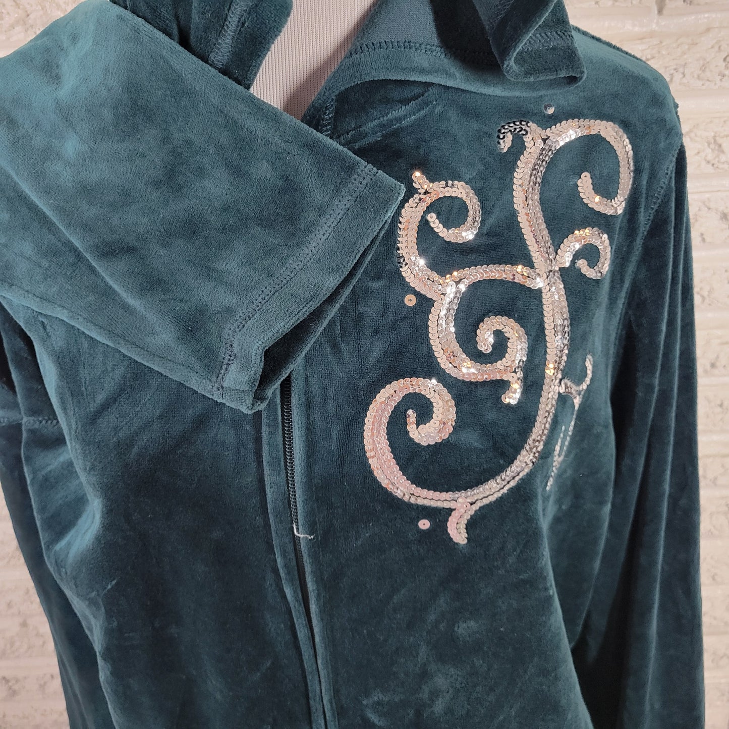 Just My Size Women's 2X Plus Green Sequin Velour Hoodie Zip Up Jacket SWE187E