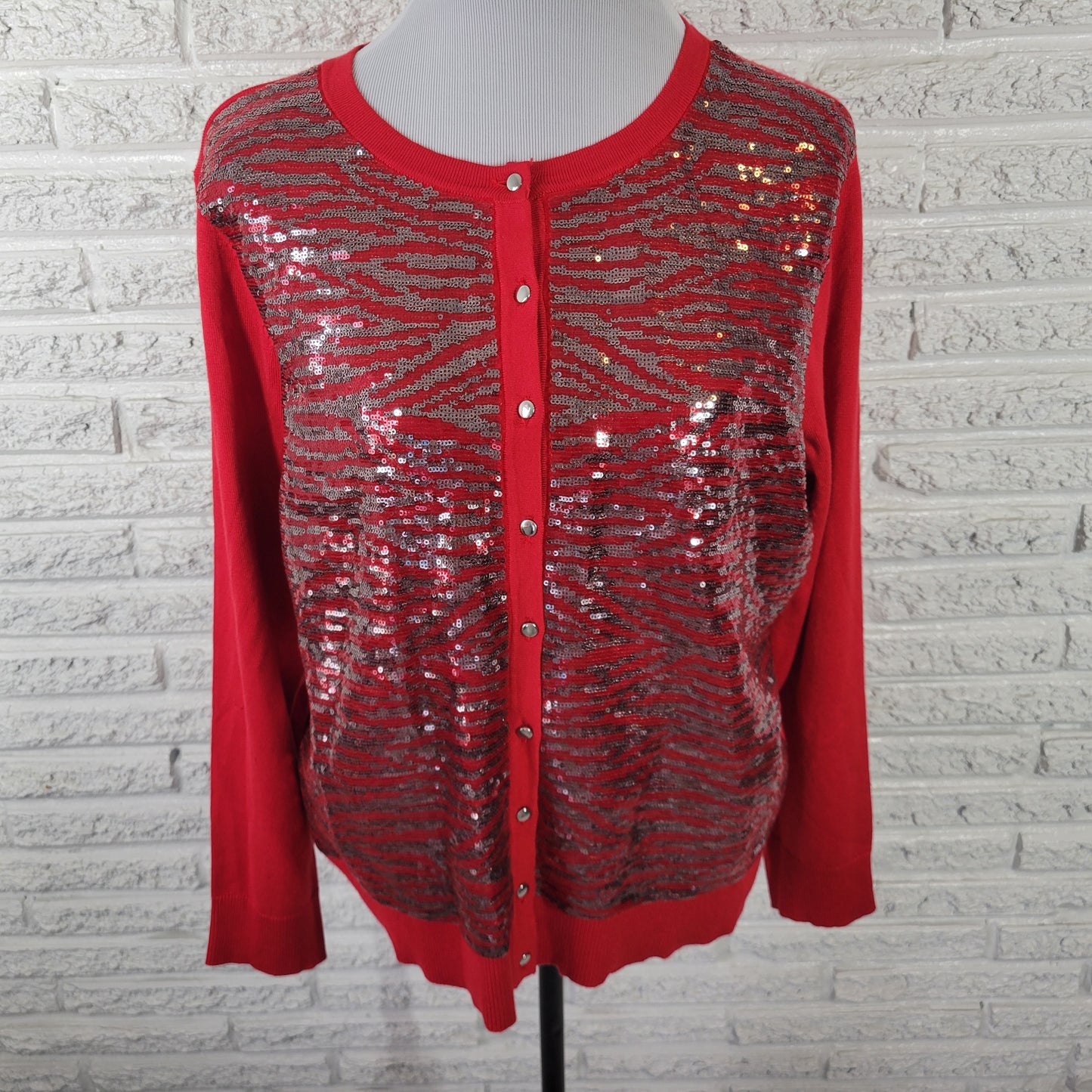 JM Collection Women's XL Red Sequin Cardigan Sweater Crew Neck Knit RED71E