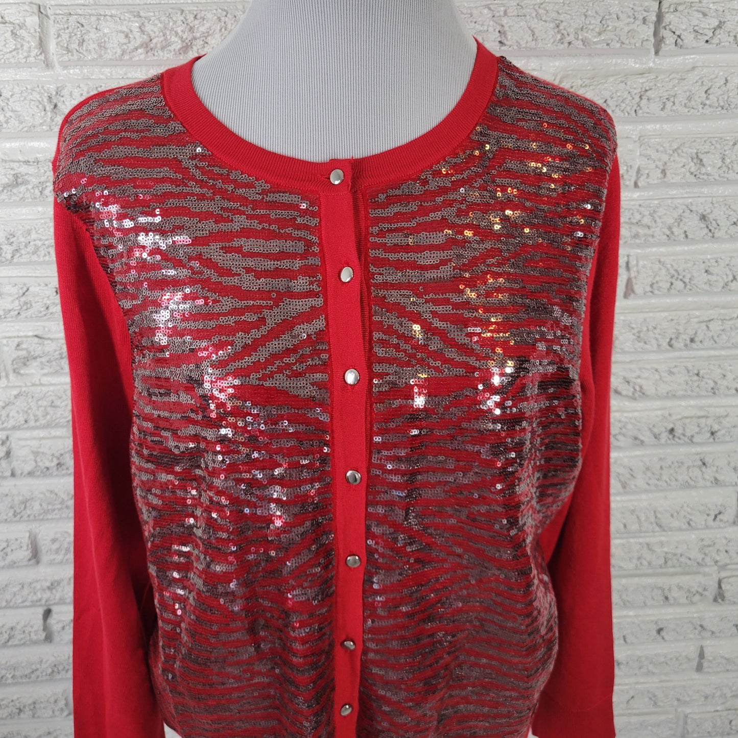 JM Collection Women's XL Red Sequin Cardigan Sweater Crew Neck Knit RED71E