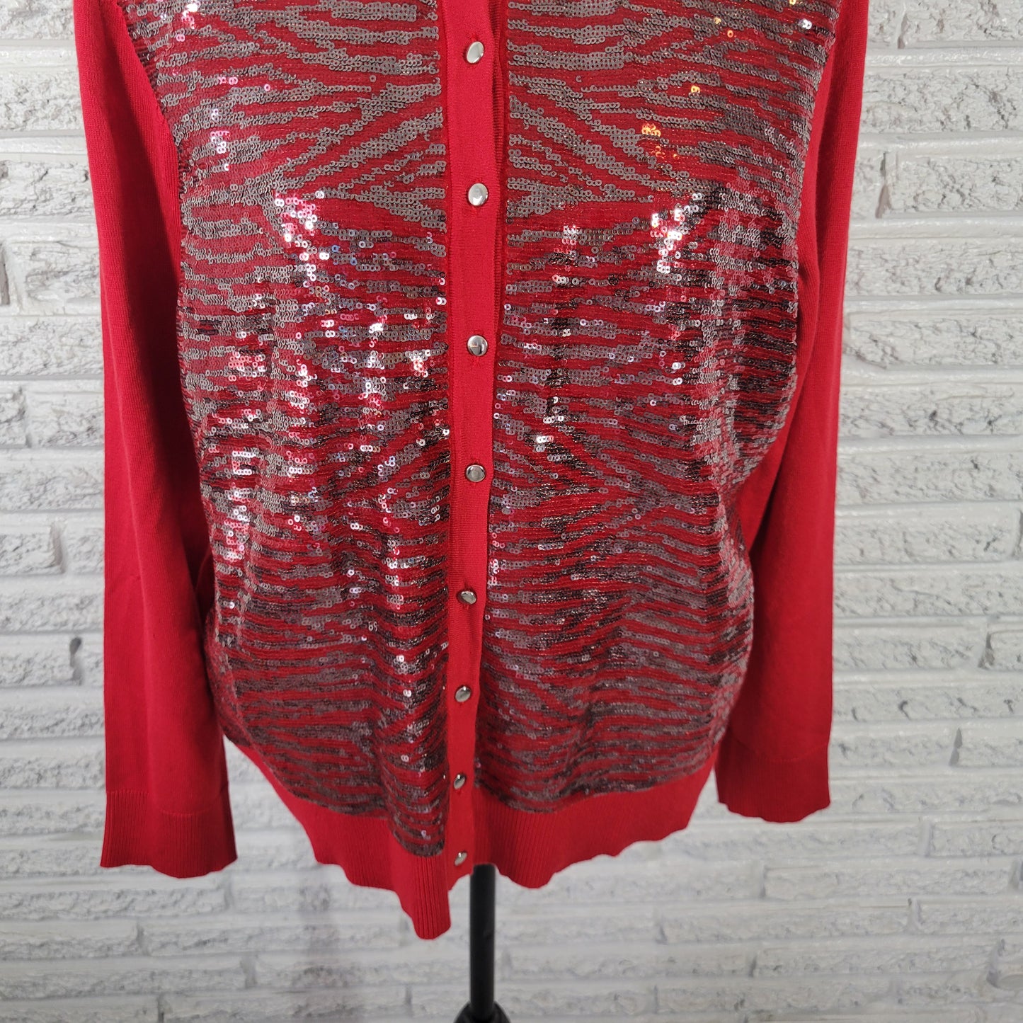 JM Collection Women's XL Red Sequin Cardigan Sweater Crew Neck Knit RED71E