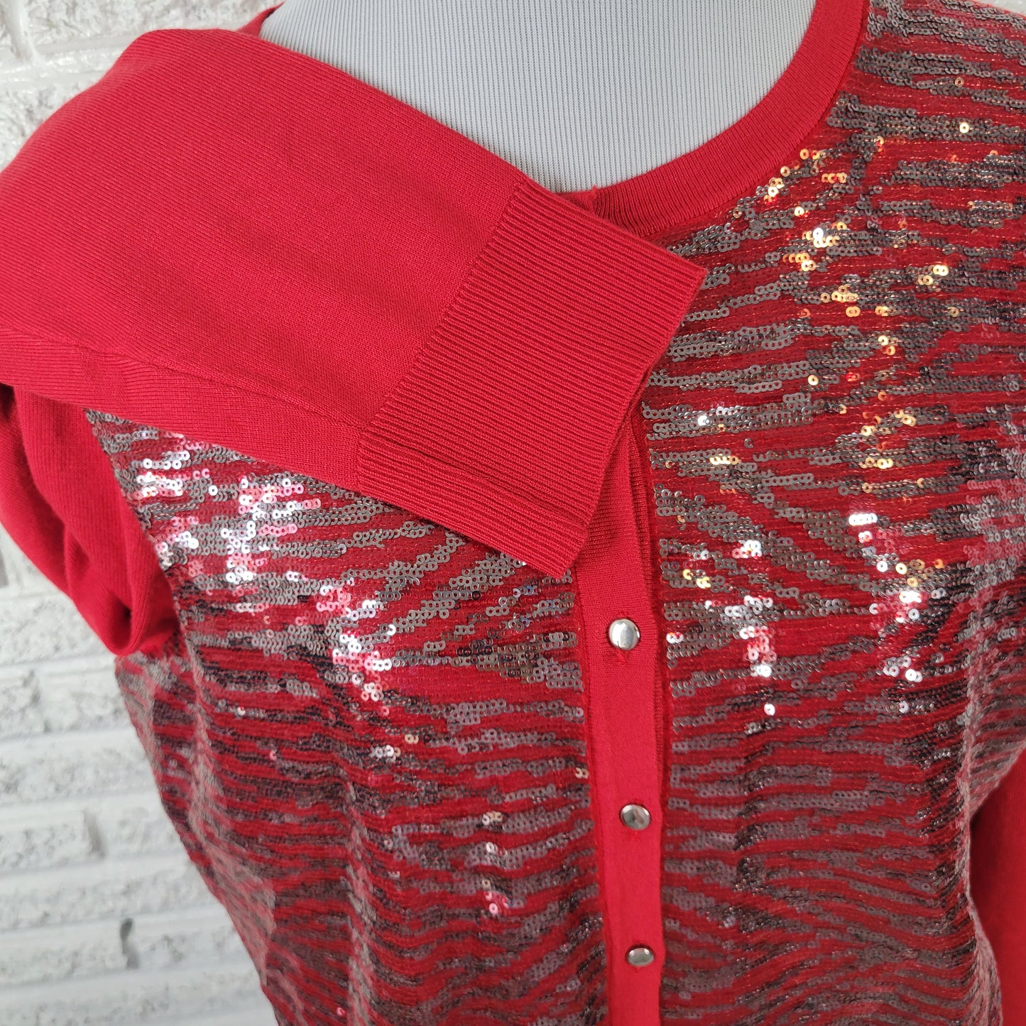 JM Collection Women's XL Red Sequin Cardigan Sweater Crew Neck Knit RED71E