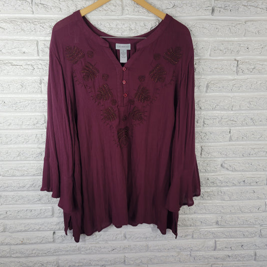 Catherines 3X Plus Purple Tunic Blouse Beaded V-Neck Long Bell Sleeve PUR45E