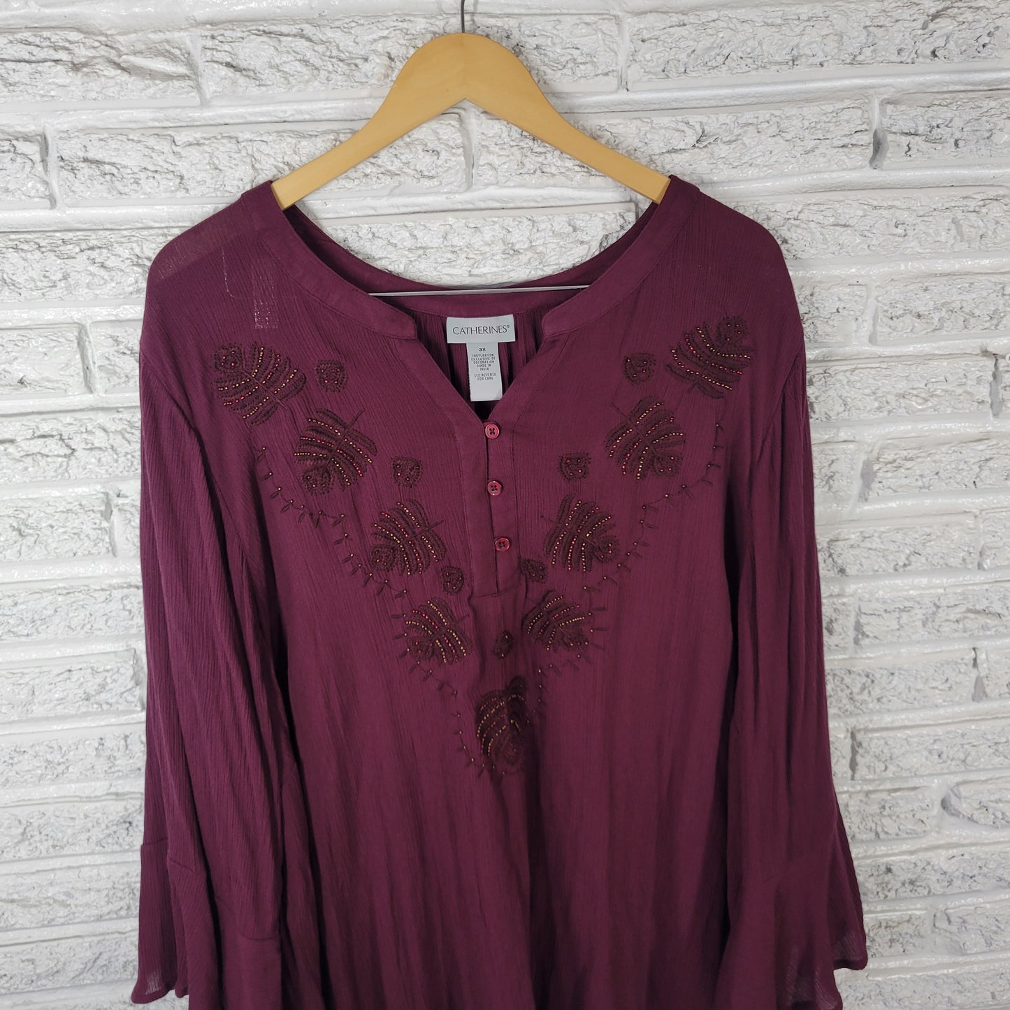 Catherines 3X Plus Purple Tunic Blouse Beaded V-Neck Long Bell Sleeve PUR45E