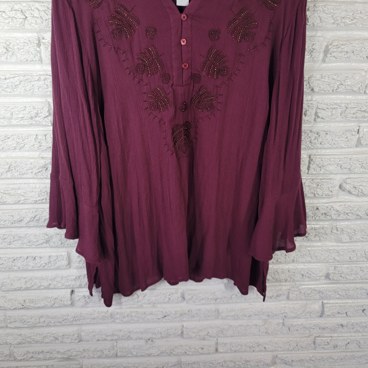 Catherines 3X Plus Purple Tunic Blouse Beaded V-Neck Long Bell Sleeve PUR45E
