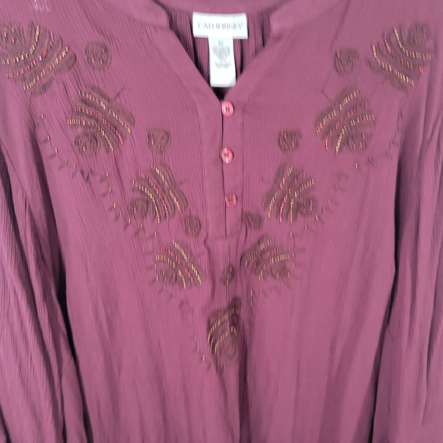 Catherines 3X Plus Purple Tunic Blouse Beaded V-Neck Long Bell Sleeve PUR45E
