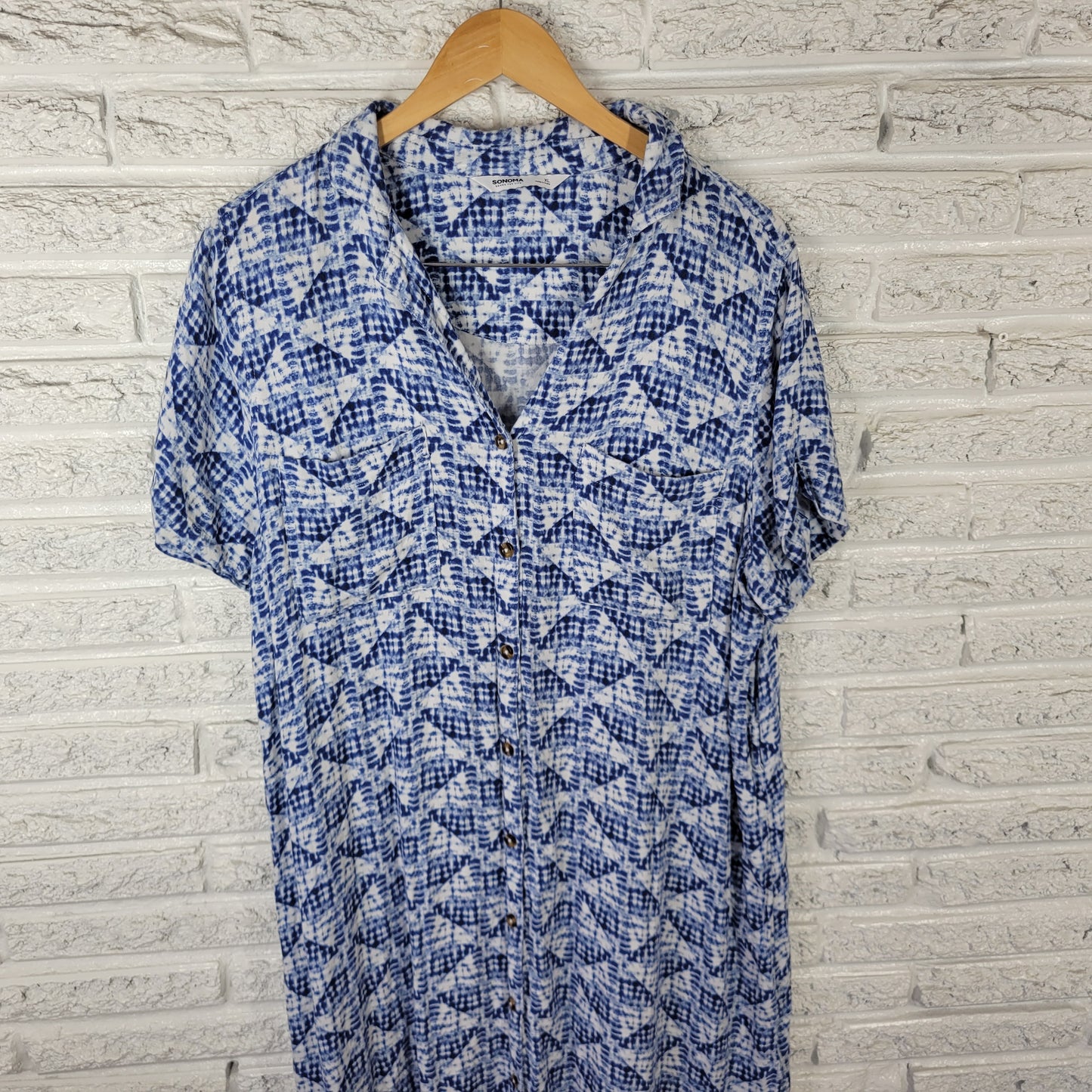 Sonoma Women's XL Blue Tie-Dye Shirt Dress Rayon Knee Length Button Up TIE39E