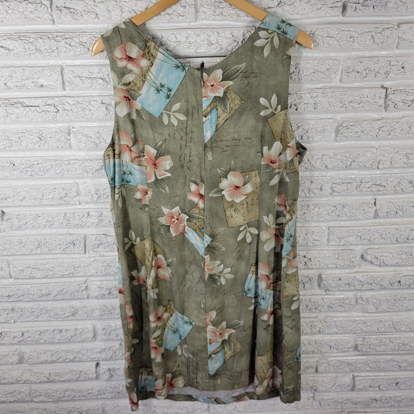 Caribbean Joe Women's XL Green Pink Floral V-Neck Sleeveless Shift Dress FLO30XE