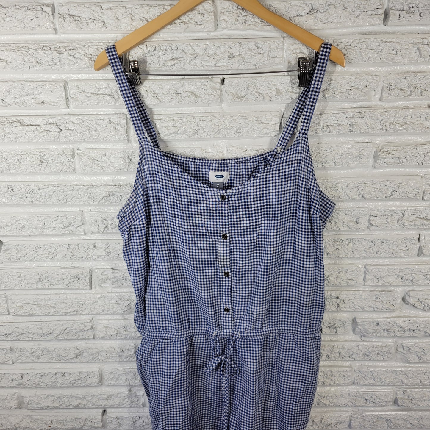 Old Navy Women's XL Romper Blue Gingham Check Cotton Sleeveless Belted PLA27E