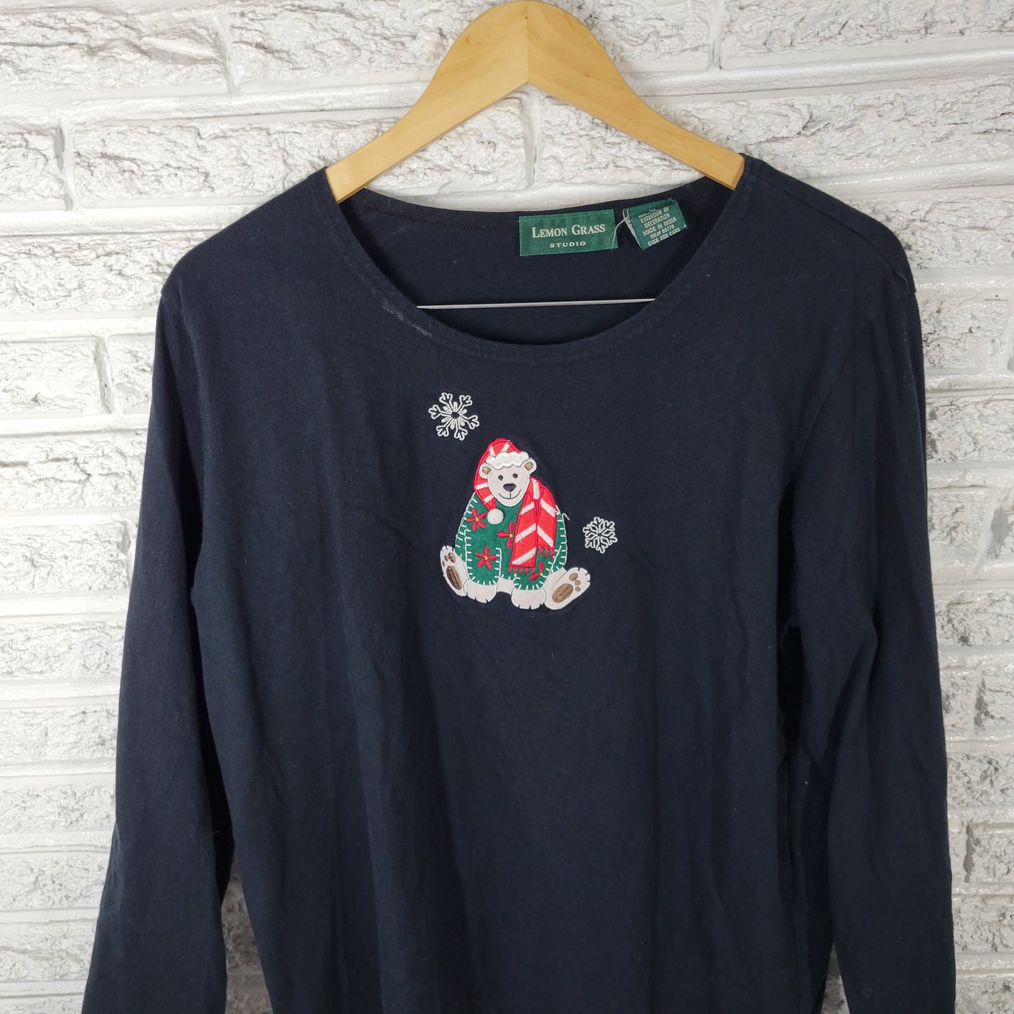 Lemon Grass Christmas XL Tee Indigo Blue Embroidered Santa Bear BLU198E