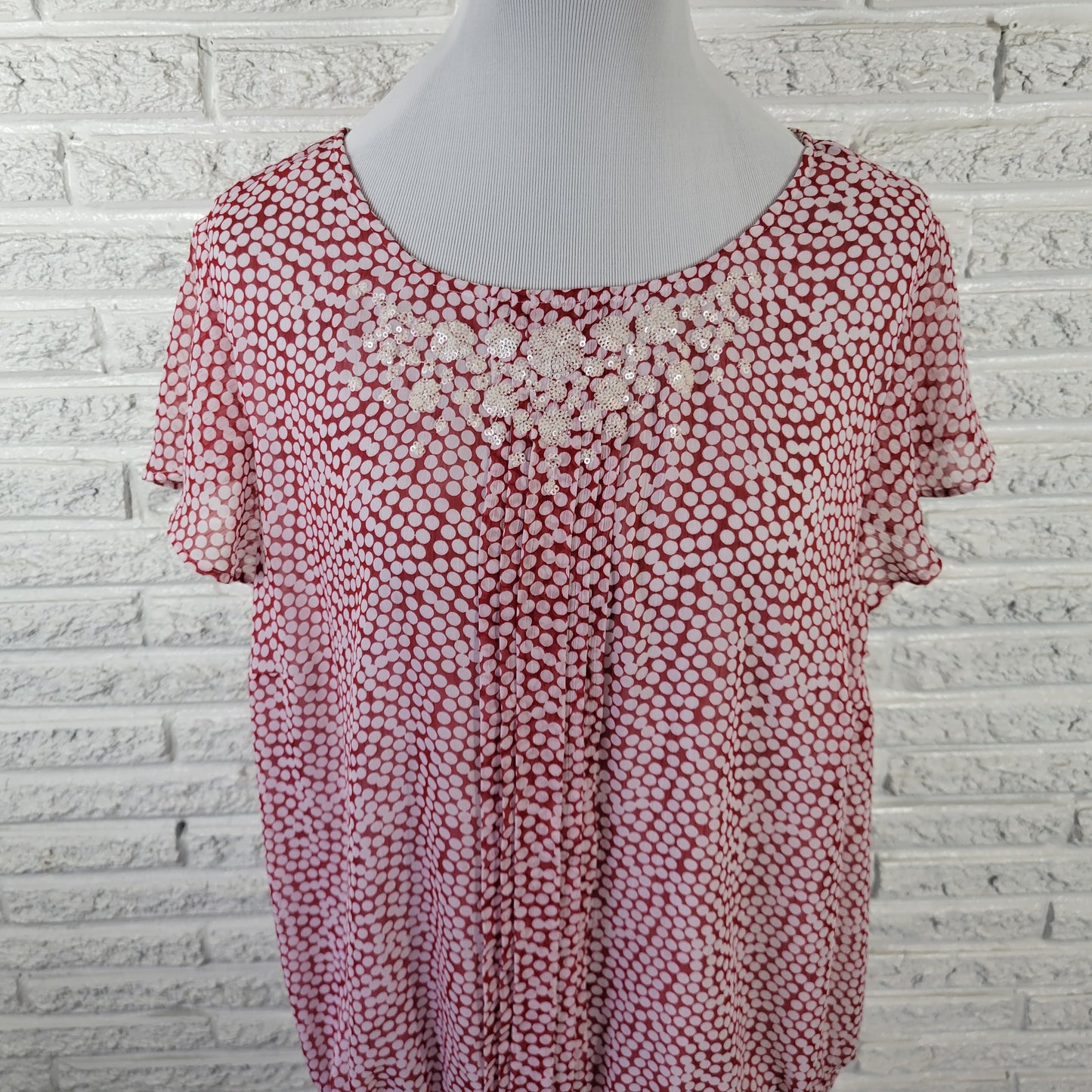 CJ Banks 1X Top Blouse Red White Geometric Print Sequin Flutter Sleeve GEO32E