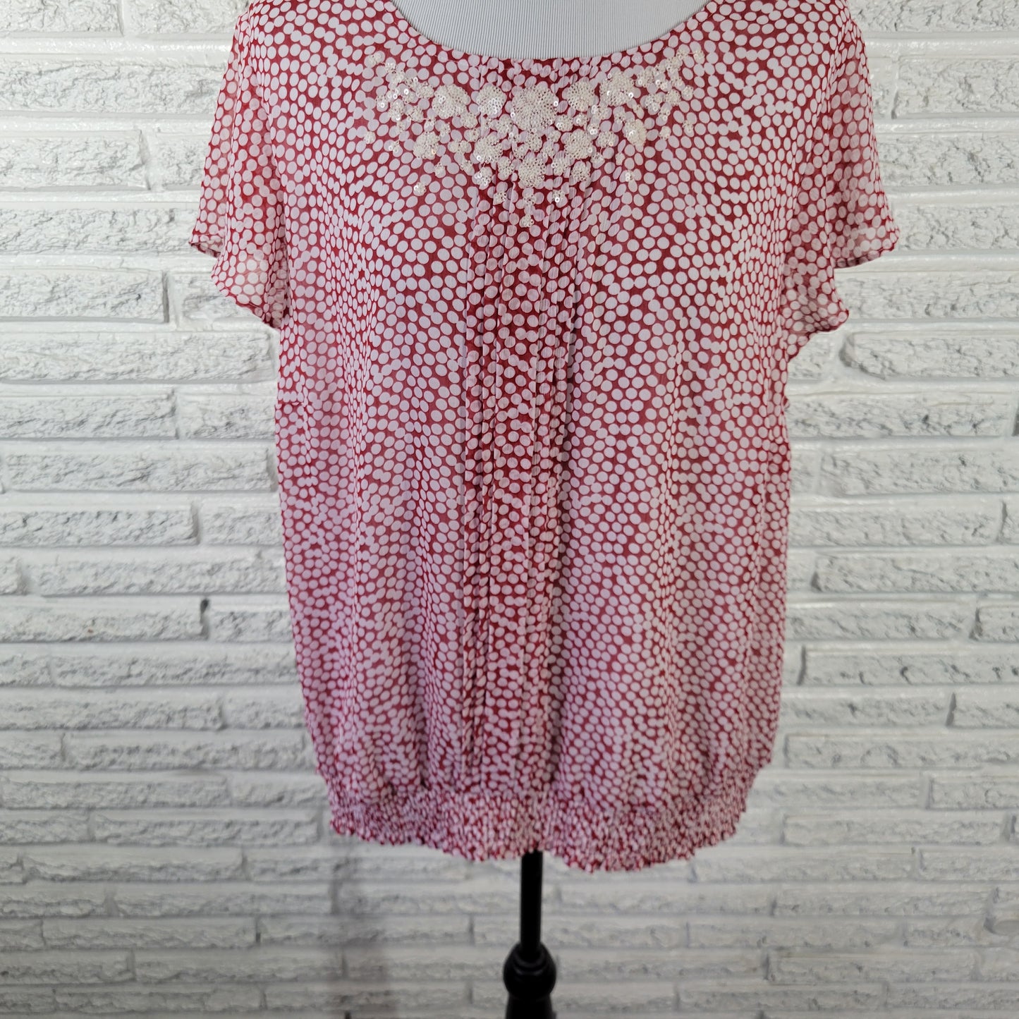 CJ Banks 1X Top Blouse Red White Geometric Print Sequin Flutter Sleeve GEO32E