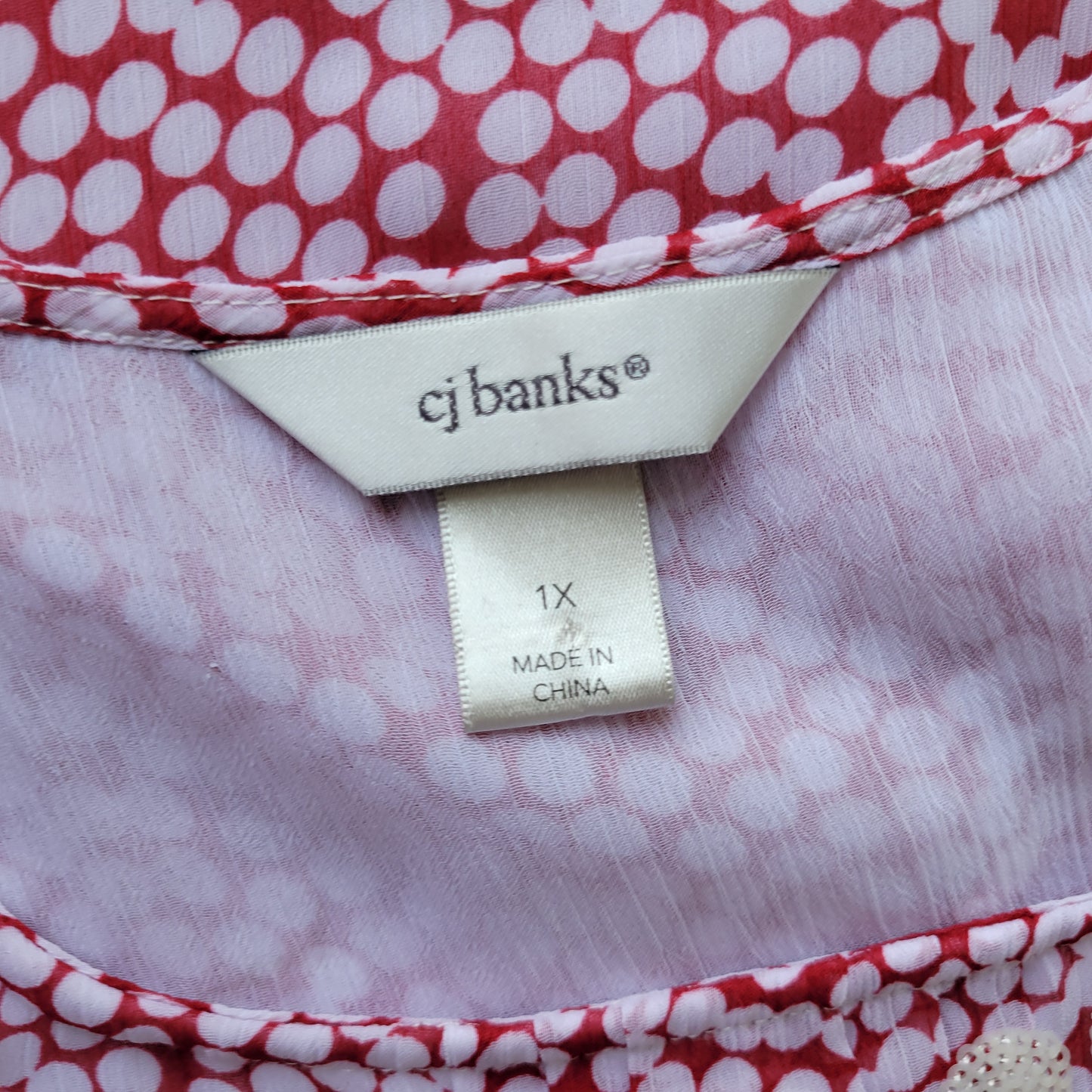 CJ Banks 1X Top Blouse Red White Geometric Print Sequin Flutter Sleeve GEO32E