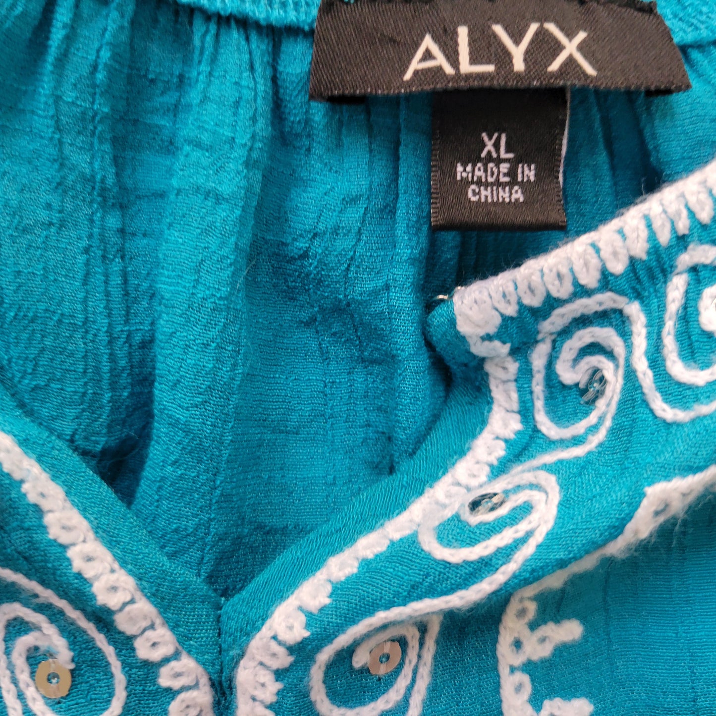 Alyx Womens Top XL Blue Sequin Embroidered Keyhole Blouse Long BLU283E