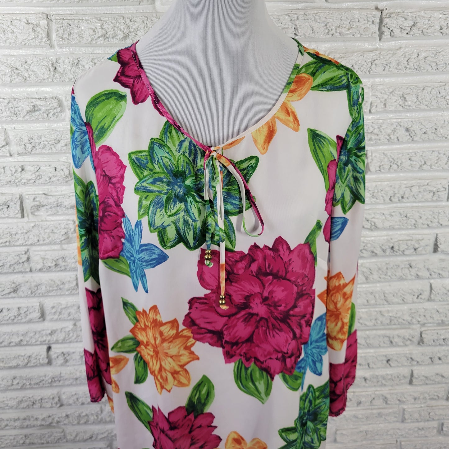 Charter Club Women's XL Floral Blouse 3/4 Sleeve Keyhole Neck Multicolor FLO286E